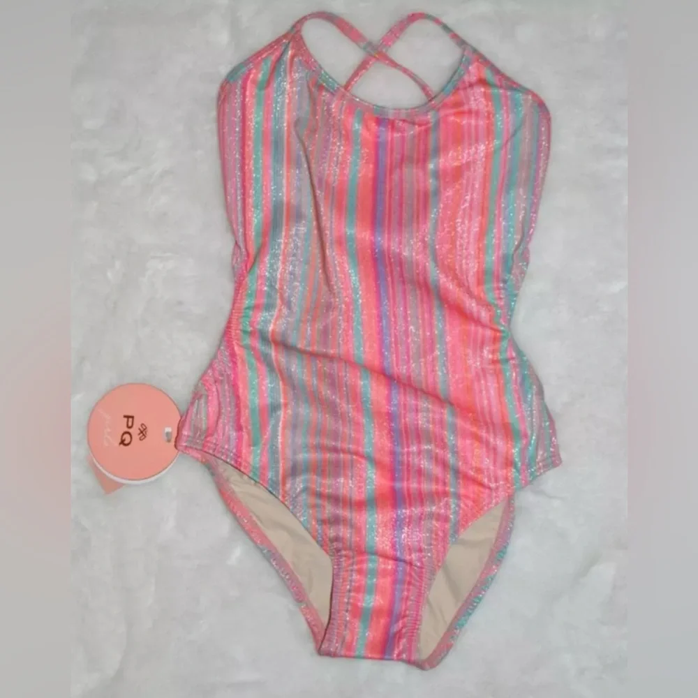 PQ Swim Ayah Cut Out Sparkle Multi Color One Piece Swimsuit size 8 NWT $80